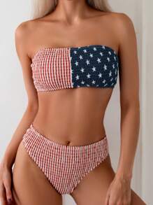 Swim Vcay Women's American Flag Print Bandeau Bra & Sexy Bikini Bottom Set, Holiday 4th Of July Bikini Set For Summer Beach 4th Of July Outfit