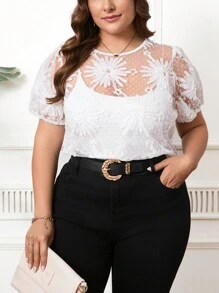 SHEIN Clasi Plus Size Women Fashion Flower Printed Short Sleeve Top - White - View 1