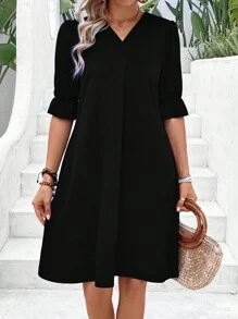 SHEIN Clasi Women Summer V-Neck Short-Sleeved Solid Color Dress - Black - View 1