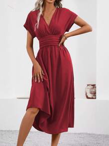 SHEIN LUNE Women's Fashion V-Neck Waist-Cinching Long Dress Burgundy Maxi Women Outfit - Burgundy - View 4