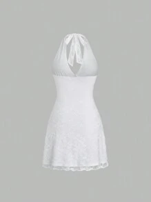 Sweetra Ladies' Summer Solid Color Lace Halter Sleeveless Dress