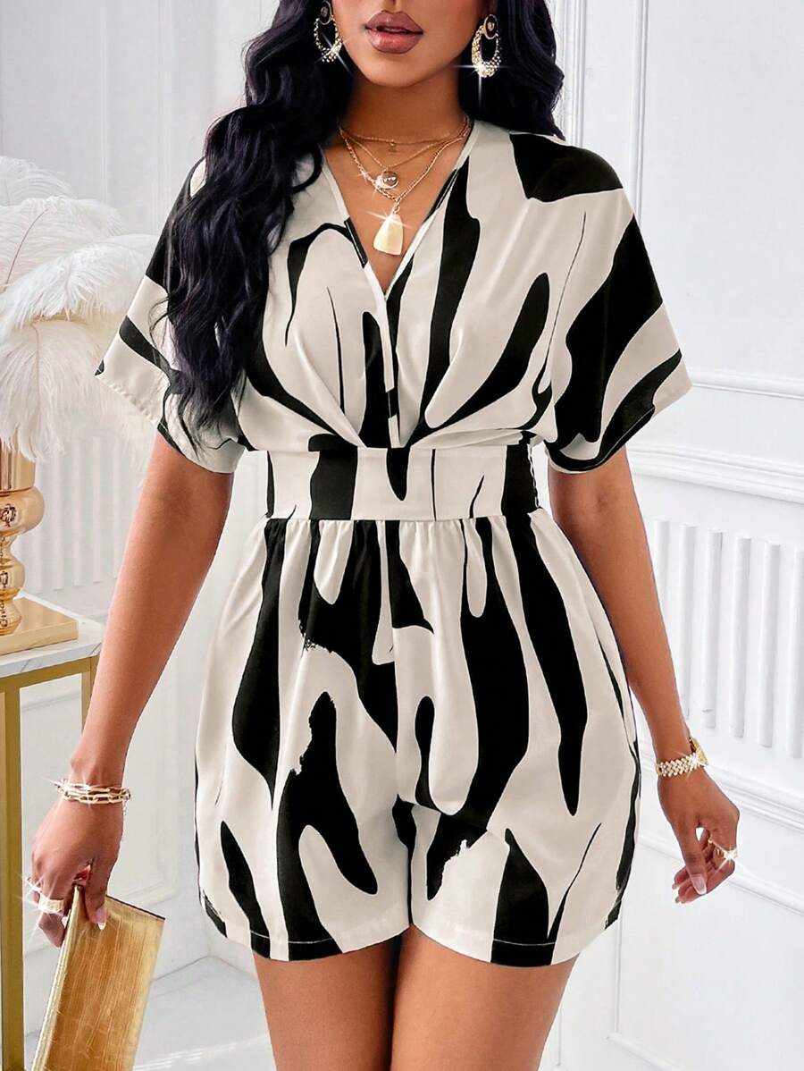 Zolique Randomly Selected Allover Printed Batwing Sleeve Belted Romper For Summer - Black and White - View 1