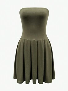 Women Solid Color Strapless Dress With Ruffled Hemline And Sleeveless Design, Summer - Green - View 3