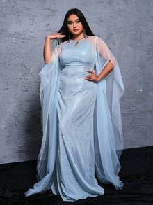 seomiscky Plus Size Mesh & Sequin Patchwork Floor-Length Evening Dress - Blue - View 7