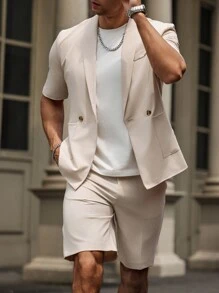 Manfinity Mode Men Summer Casual Solid Color Shawl Collar Suit Jacket And Shorts Set - Khaki - View 3