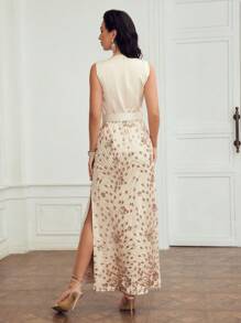 MOTF PREMIUM CONTRAST SEQUIN SPLIT THIGH BUCKLE BELTED DRESS