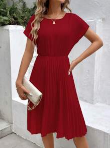 SHEIN Clasi Robe élégante d'été à manches courtes plissées de couleur unie bordeaux longue pour femmes
