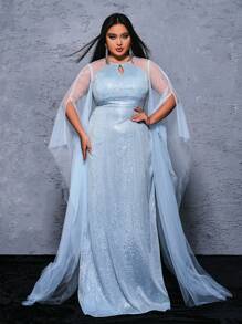 seomiscky Plus Size Mesh & Sequin Patchwork Floor-Length Evening Dress - Blue - View 1