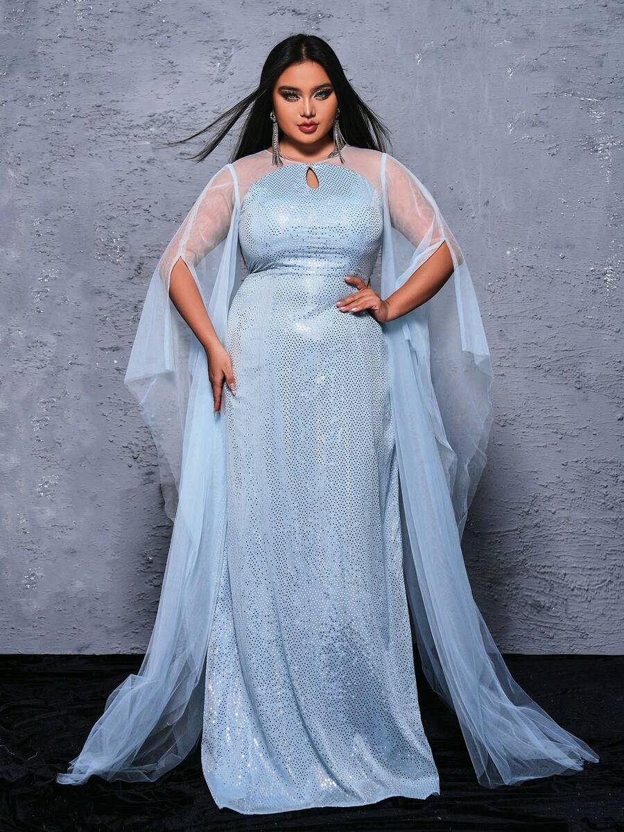 seomiscky Plus Size Mesh & Sequin Patchwork Floor-Length Evening Dress - Blue - View 1