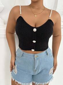 SHEIN Clasi Camiseta de punto con tirantes para mujer de talla grande con botones de perlas de moda - Negro - Ver 6