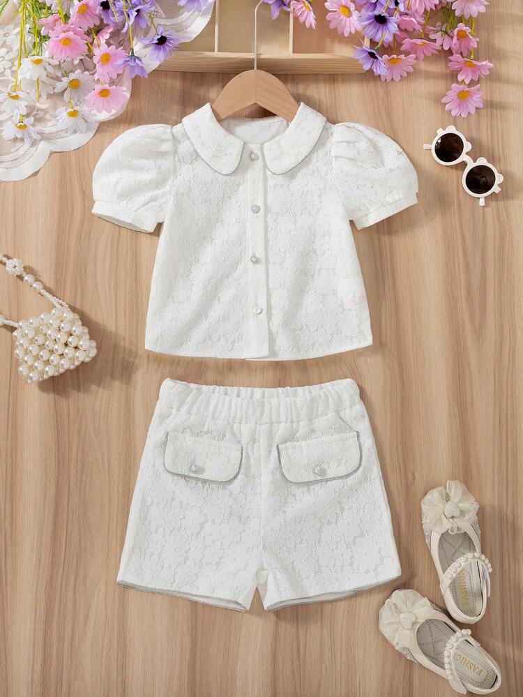 Young Girl 2pcs/Set New Summer Short Sleeve Puff Sleeve Top And Shorts Set