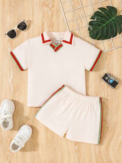 Young Girl Fashionable Contrast Trim Polo Shirt And Shorts Set