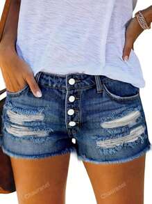 Women's Fashion Frayed Distressed Washed Denim Frayed Hem Shorts