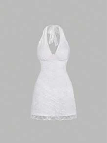 Sweetra Ladies' Summer Solid Color Lace Halter Sleeveless Dress