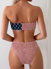 Swim Vcay Women's American Flag Print Bandeau Bra & Sexy Bikini Bottom Set, Holiday 4th Of July Bikini Set For Summer Beach 4th Of July Outfit