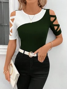 SHEIN Clasi Áo thun nữ ngắn tay màu khối rỗng đơn giản hàng ngày - Màu xanh lá cây đậm - Xem 6