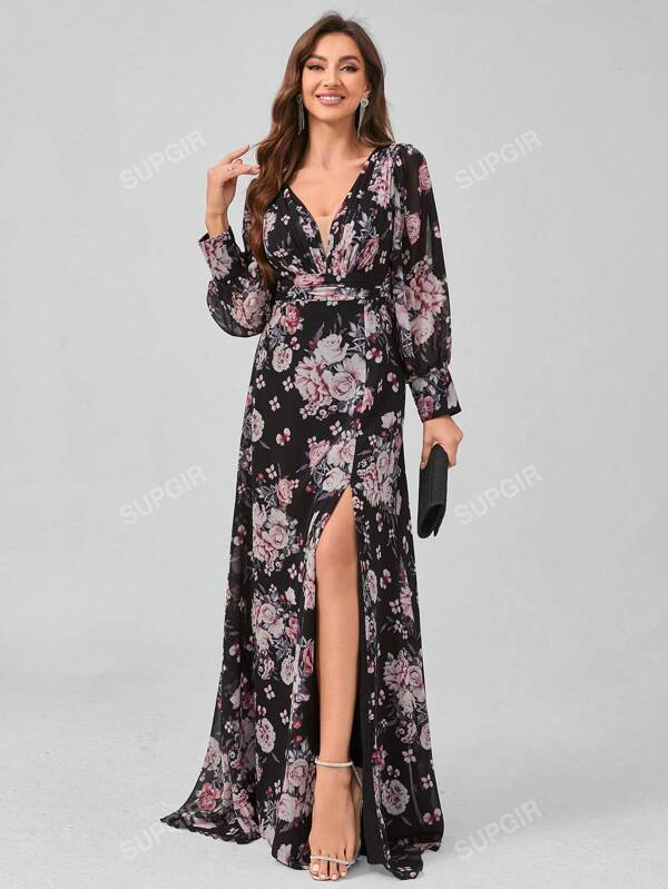 SUPGIR Random Cut Floral Pattern Chiffon Digital Print V-Neck Lantern Sleeve Waist Pleated Elegant Ball Gown Long Dress