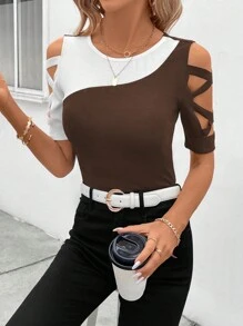 SHEIN Clasi 夏季女士圓領露肩短袖修身對比色T恤 - 咖啡棕 - 查看 5