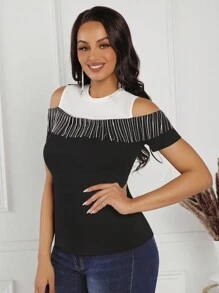 SHEIN Lady 女士黑白拼接圓領時尚優雅流蘇T恤 - 黑與白 - 查看 3