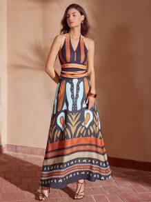 MOTF PREMIUM VESTIDO DE ESPALDA ABIERTA DE CUELLO HALTER CON ESTAMPADO DE PLANTAS