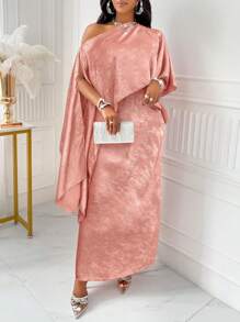 SOLERSUN Asymmetrical Neck Cloak Sleeve Satin Dress - Pink - View 1