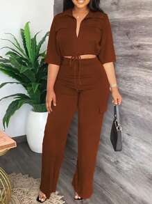 2入組女士上衣+褲子套裝（休閒時尚純色束腰帶口袋裝飾長褲服裝）