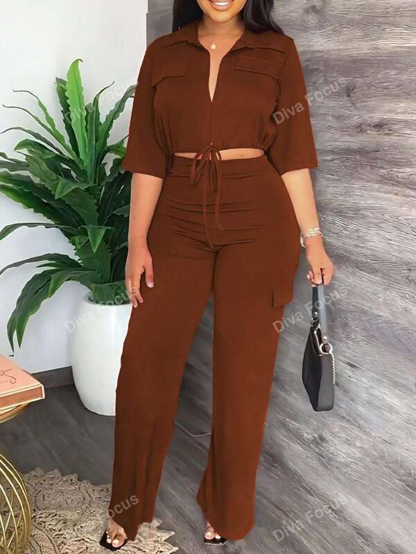 2pcs Women's Top+Pants Set (Casual Fashion Solid Color Drawstring Pocket Decorated Trousers Outfit)
