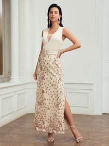MOTF PREMIUM CONTRAST SEQUIN SPLIT THIGH BUCKLE BELTED DRESS
