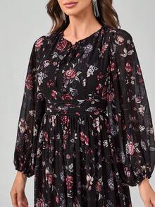 SUPGIR [Random Cut Flower Pattern] Chiffon Lantern Sleeves Elegant Long Evening Dress - Black - View 9