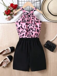 SHEIN Conjunto de Verão para Meninas Pré-adolescentes com Blusa de Alças de Leopardo e Shorts com Botões Decorativos