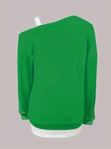 SHEIN LUNE Sudadera de mujer de manga larga con cuello asimétrico y bloques de color, sudadera informal de otoño - Verde - Ver 2