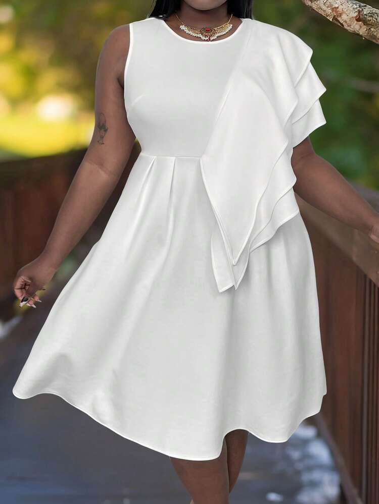 Plus Size Solid Color Asymmetrical Ruffled Waist Belted Dress