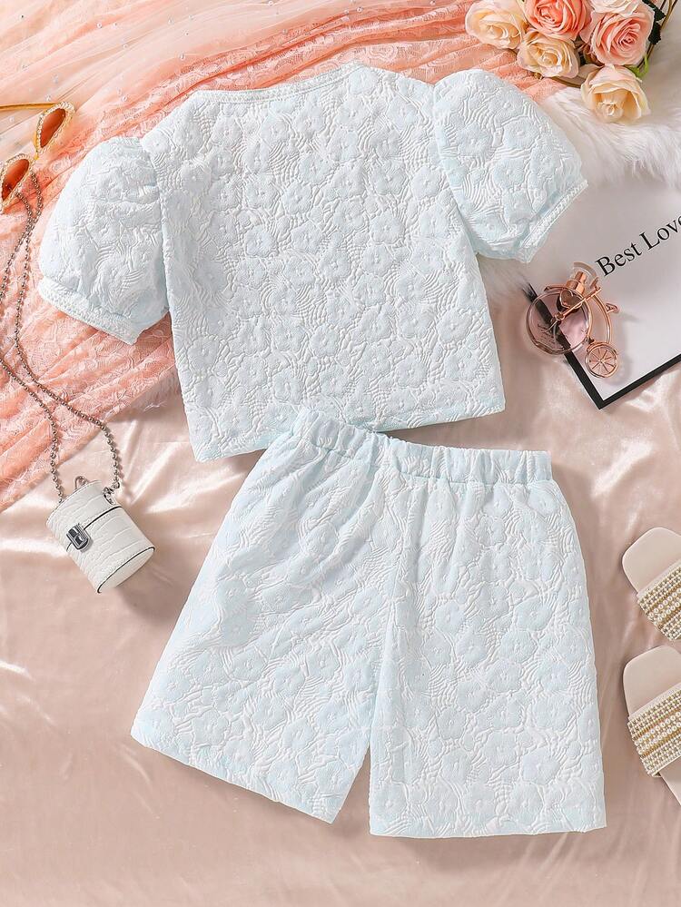 Tween Girl 2pcs Blue Jacquard Outfit And Shorts Set' Fashionable Outfit