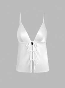 SHEIN Unity 夏季休閒純色緞面腰帶背心上衣 - 米色 - 查看 3