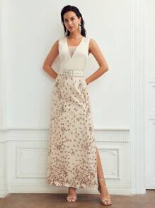 MOTF PREMIUM CONTRAST SEQUIN SPLIT THIGH BUCKLE BELTED DRESS