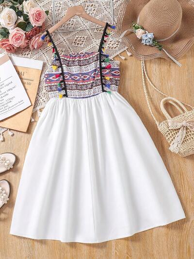 Tween Girl 1pc Patterned White Dress Hem Two Pieces Set, Casual