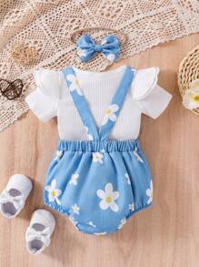 SHEIN Vintaside Kids Baby Girl Round Neck Solid Color Lace Detailed Casual Short Sleeve T-Shirt And Flower Printed Overalls Set, Spring/Summer - Dusty Blue - View 2