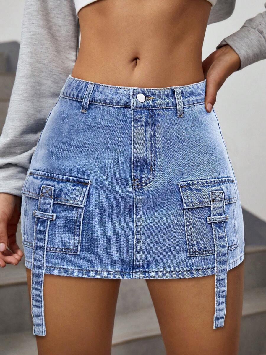 Denim Cargo Skirt With Strap And Pockets - Medium Wash - View 1