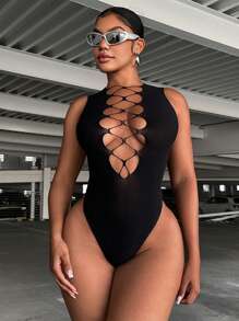 Zolique Fashionable Hollow Out Solid Color Sleeveless Mesh Top For Women