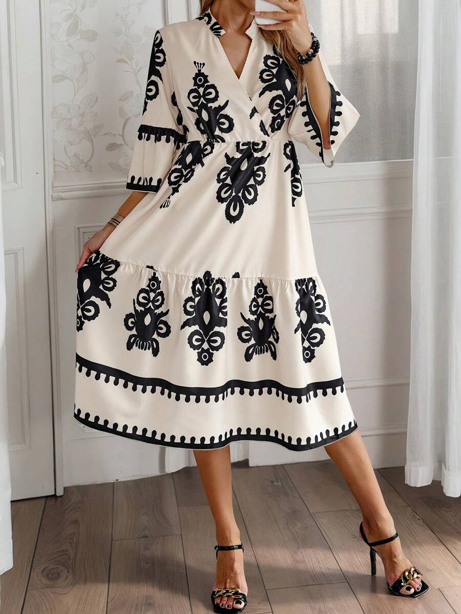 EMERY ROSE Random Printed Notched V-Neck Flare Sleeve Vacation Casual Dress - Apricot - View 1