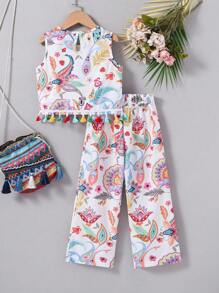 Conjunto de blusa sin mangas con estampado floral y pantalones de pierna ancha para niña joven con adornos de borlas para vacaciones