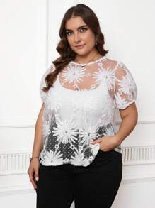 SHEIN Clasi Plus Size Women Fashion Flower Printed Short Sleeve Top - White - View 3