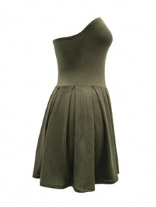 Women Solid Color Strapless Dress With Ruffled Hemline And Sleeveless Design, Summer - Green - View 4