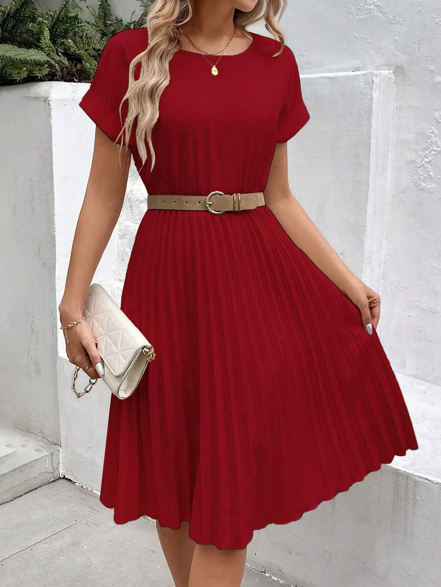 SHEIN Clasi Robe élégante d'été à manches courtes plissées de couleur unie bordeaux longue pour femmes
