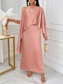 SOLERSUN Asymmetrical Neck Cloak Sleeve Satin Dress - Pink - View 3