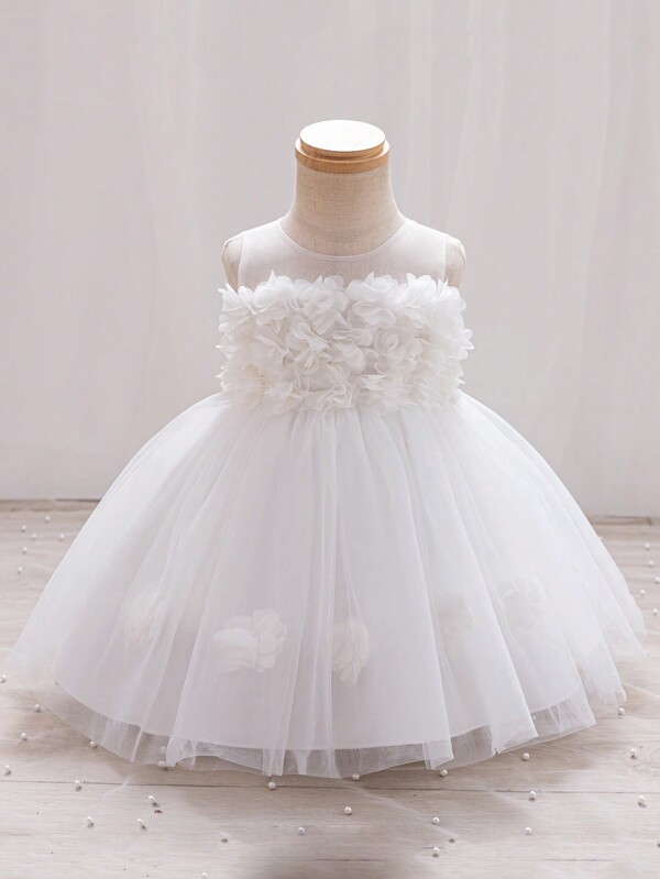 SHEIN Glamorique Kids Baby Girl Wedding Diary 3D Flower Dress, Baby Christening Dress, Birthday Party And Wedding Celebration Flower Girl Dress, Four Seasons
