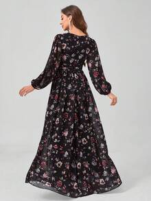 SUPGIR [Random Cut Flower Pattern] Chiffon Lantern Sleeves Elegant Long Evening Dress - Black - View 2