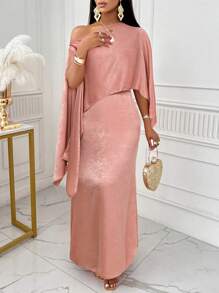 SOLERSUN Asymmetrical Neck Cloak Sleeve Satin Dress - Pink - View 7