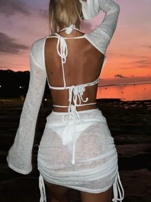 Women's Vacation Beach Pool Sheer Mesh Backless Tie Romantic Cover-Up Dress, Long Sleeve Round Neck Solid Color Side Drawstring Dress Summer - White - View 2