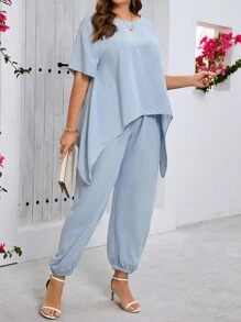EMERY ROSE Conjunto de dos piezas de top asimétrico y pantalones de talla grande para el verano - Azul - Ver 4